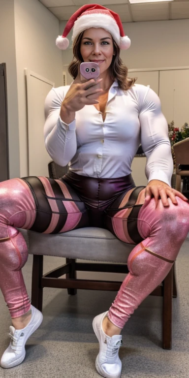 old jamie lee curtis, heavily muscled iffb pro female bodybuilder,masterpiece, best quality, 1girl, vpl, button up shirt, pink oil compression leggings, Christmas hat, risque, smirk, biceps, leaning back in chair,
