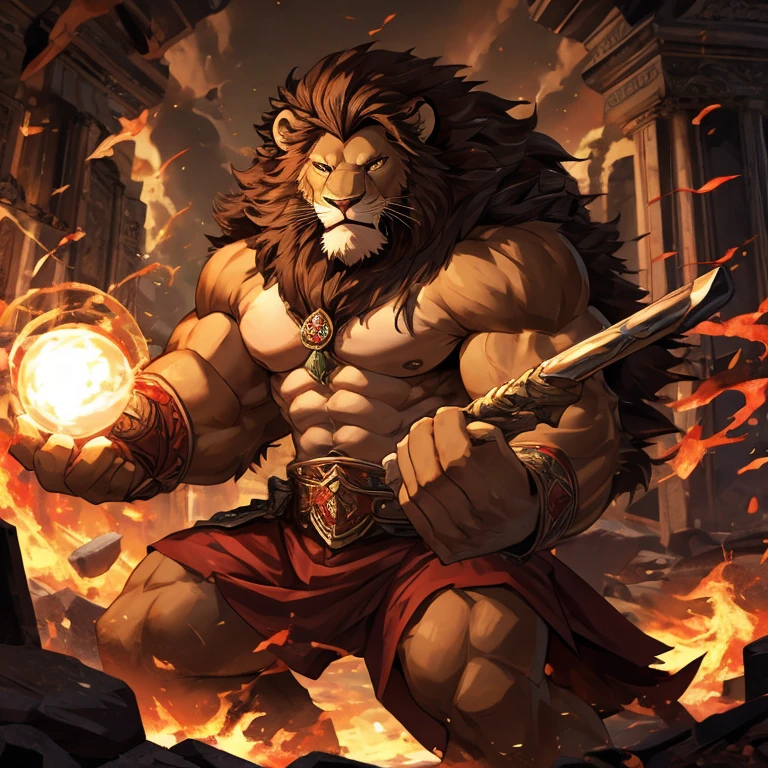 a lion，strong，rampage，red colour，Magic