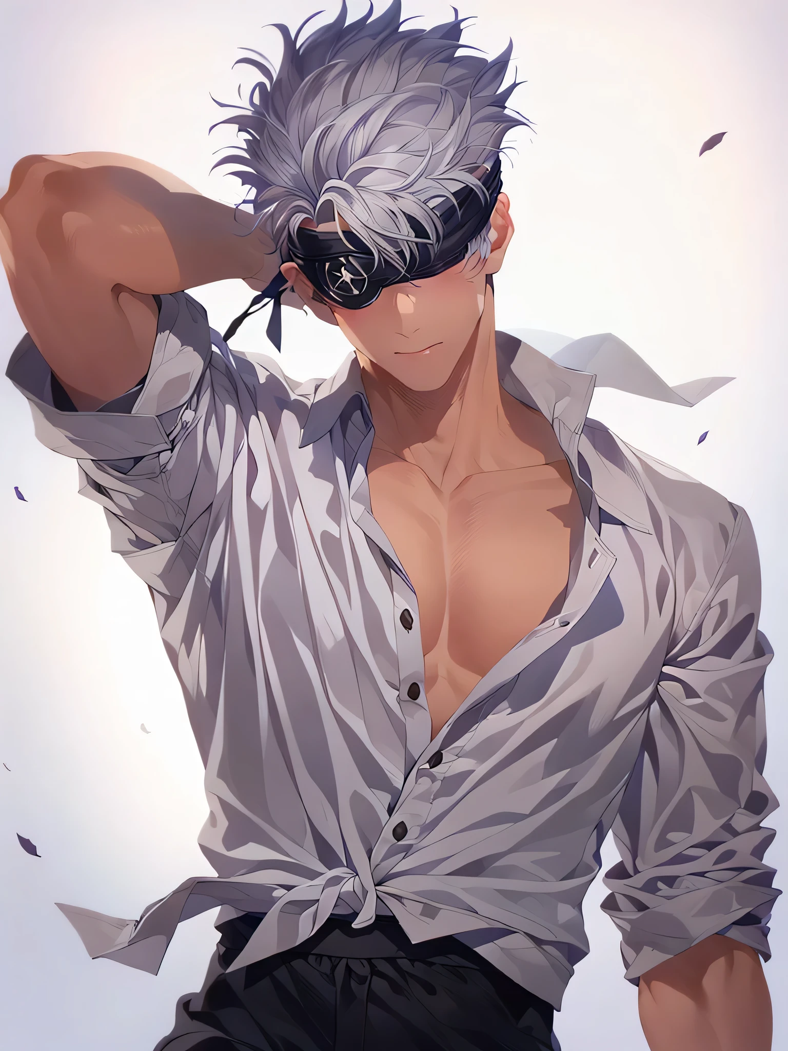 Gojo Satoru, male, black eyepatch, white hair, shirt, tie, black pants, muscles, details, HD,UHD, masterpiece, ccurate, award winning, best quality, highres, 1080P, anatomically correct, anatomically correct