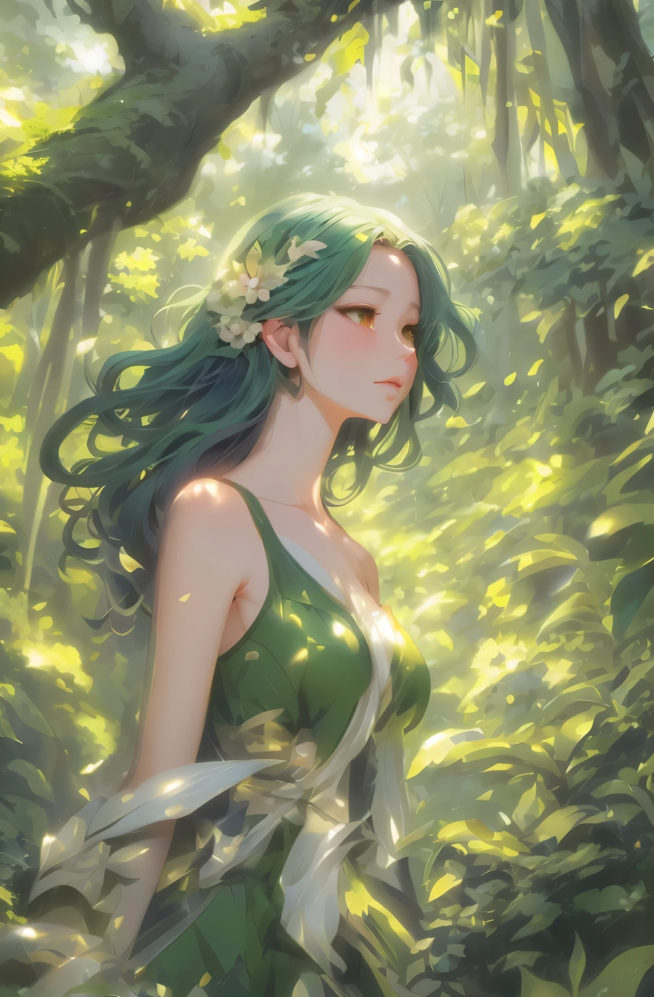 anime girl in green dress in the woods, goddess of nature, beautiful anime girl, beautiful anime portrait, beautiful anime woman, green flowing hair, detailed digital anime art, fey queen of the summer forest, goddess of the forest, beautiful anime art style, beautiful alluring anime woman, digital anime art, digital anime illustration, anime fantasy illustration, extremely detailed artgerm