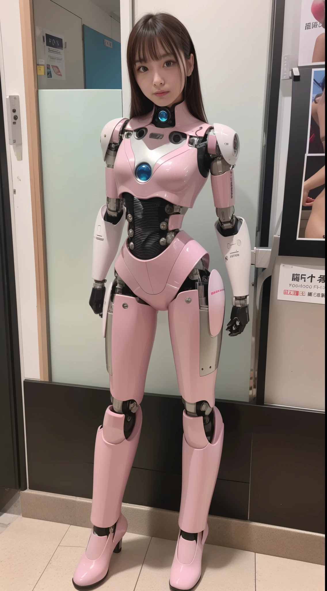cyborgs, Pink, Silver, metalic, Robot Parts, Metal Parts, Super Detailed Face, Super Cropped Face, of the highest quality, a small face, Full body, Standing, Black hair, Thin, Camera gaze, Internal Mechanical Exposure, Idol, Live action,, 9 head body, gravure, Photo session, akihabara, Moe Pose, Frontal, Model body type, sad, Embarrassing,(Perfect Robot Girl),(Perfect machine body)