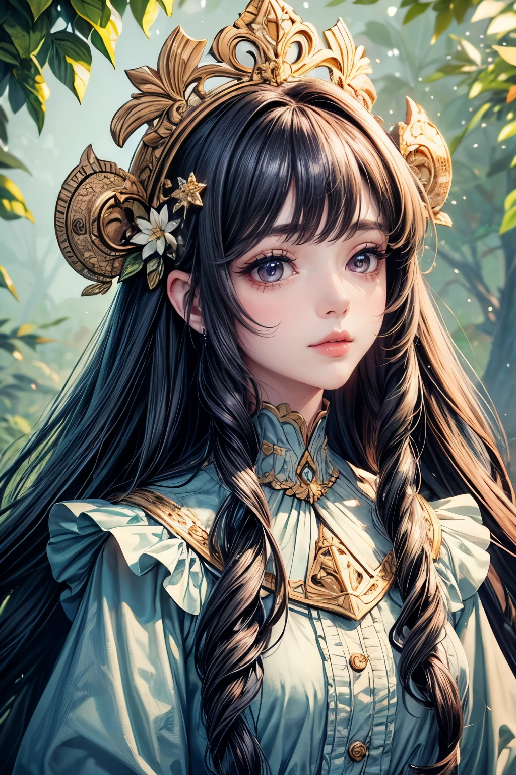 (best quality,8K,CG),detailed upper body,solitary girl,floral forest background,complex facial features,elegant long curly hair,almond-shaped big eyes,detailed eye makeup,long eyelashes,twinkling stars,exquisite lip details,soft and harmonious style.