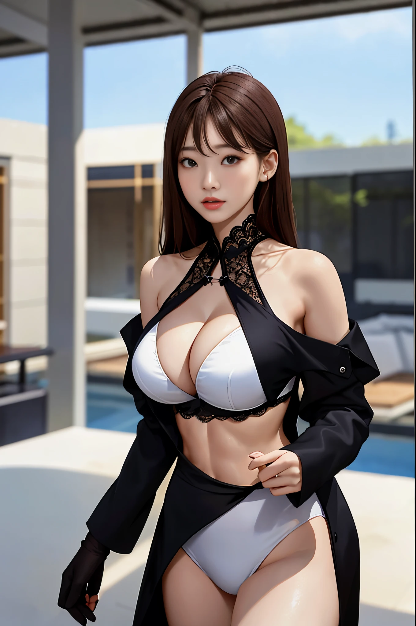 Photo of a young girl,Asian people, big breasts exposed cleavage, Black pantsuit, revealing breasts, The beautiful, Breasts squeezed together, exteriors, long whitr hair, Oval shaped face, 二重まぶた, parted lip, with brown eye, shirt with lace, stocklings,(areola is protruding), Underarm wrinkles, Delicate sexy(鎖骨:1.ale brown hair, (Shiny skin:0.8),(tmasterpiece:1.4),(best qualtiy:1.4), naturey(nedium breasts:1.7), , Redlip, Perfect abs, (: 1.5), (Clear areola), (Transparent fabric), A half body