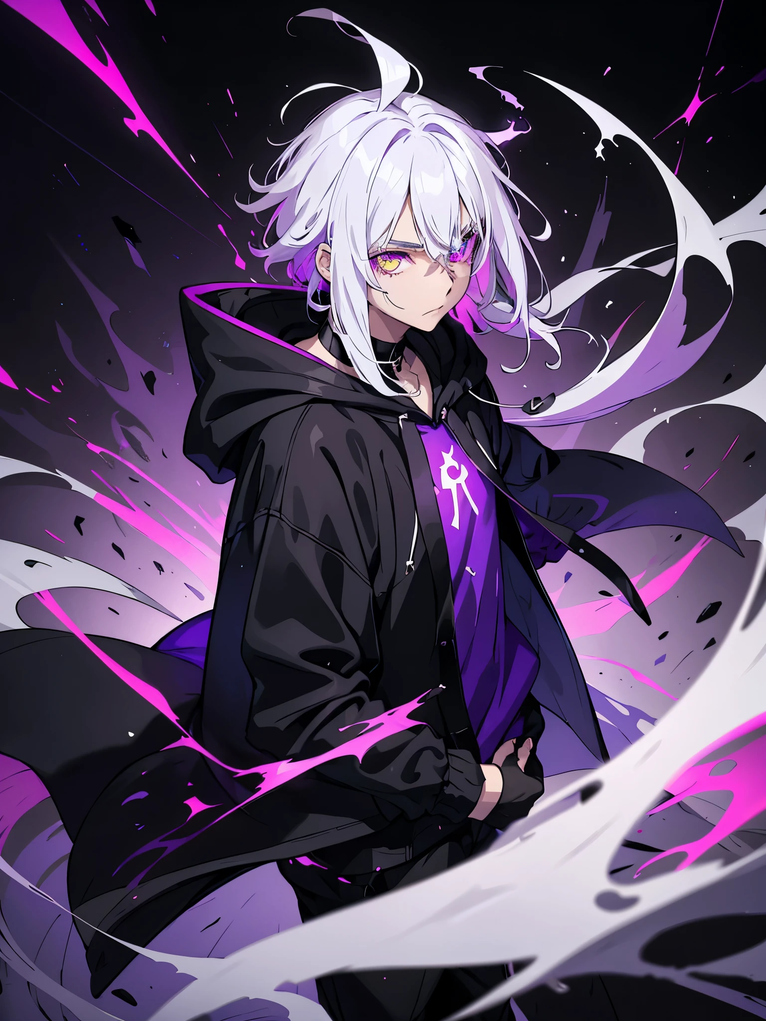 Boy with a purple glowing eyes and white hair wearing a black hoodie. Perfect hands