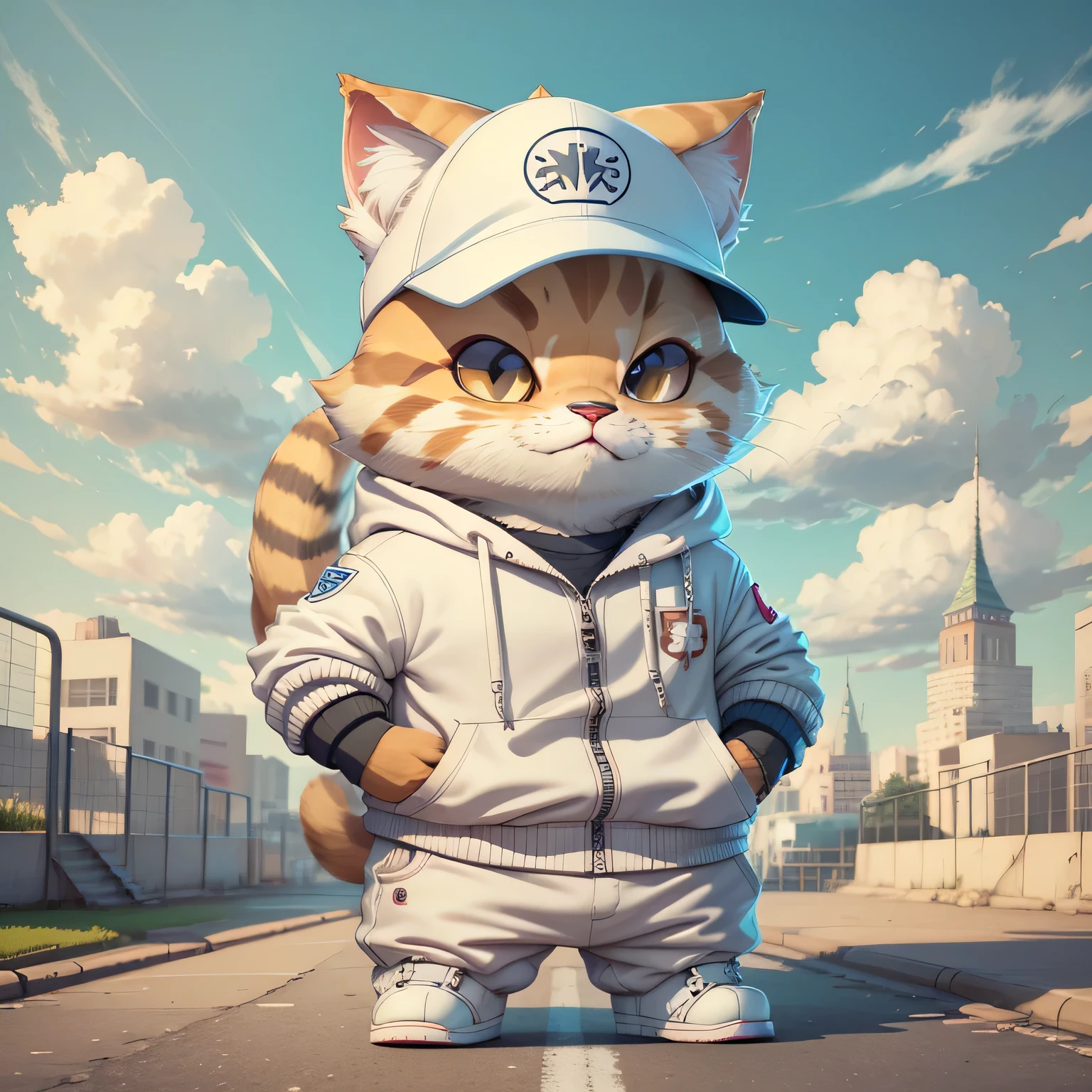 cat wearing a white baseball cap、The background is a residential area、Standing on two legs、An ultra-high picture quality、Super smile、Super smile、
