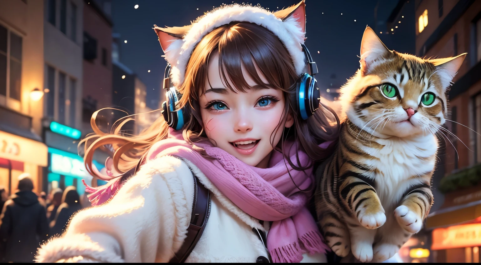 (best quality,4k,8k,highres,masterpiece:1.2),ultra-detailed,(realistic,photorealistic,photo-realistic:1.37),A cute anime girl holding a cat,green eyes,long hair,is listening to music on New Year's Eve street,anime style,joyful atmosphere,neon lights,colorful fireworks,sparkling stars,winter night,cosy warm scarf,playful expression,dynamic pose,music player,street decorations,happy crowd,smiling faces,cute cat,skyscrapers in the background,cheerful mood,excitement,celebration,snowflakes falling,enchanted wonderland,artistic illustration,soft pastel colors,ambient lighting.