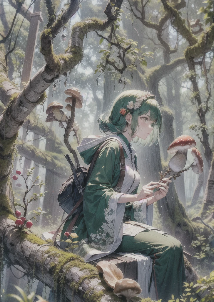 natural lighting, profile, soft smile, expressive hair, knobby wooden staff, moss green robe, deep forest, Overgrown trees, Mushrooms, berries, moss, green tone,