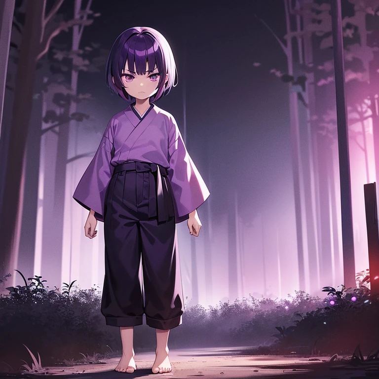 1 Little anime kid girl with purple short hair and purple eyes wearing a purple ancient Japanese shirt with blood stains and pants with no shoes. She is standing looking angry in a  forest with a purple fog in front of a full red moon in the background in the purple night sky