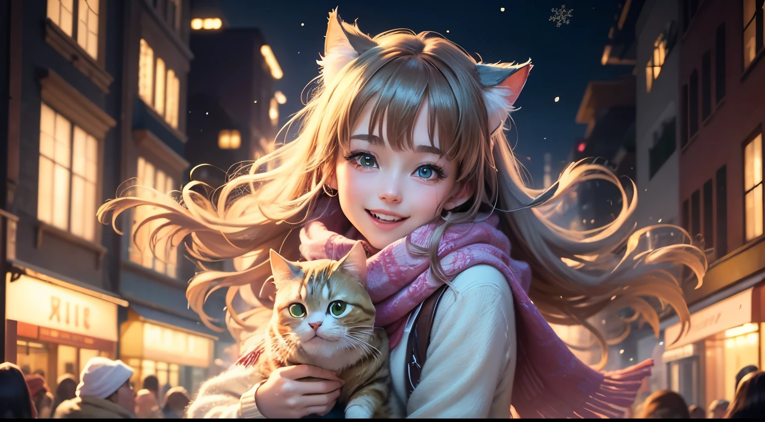 (best quality,4k,8k,highres,masterpiece:1.2),ultra-detailed,(realistic,photorealistic,photo-realistic:1.37),A cute anime girl holding a cat,green eyes,long hair,is listening to music on New Year's Eve street,anime style,joyful atmosphere,neon lights,colorful fireworks,sparkling stars,winter night,cosy warm scarf,playful expression,dynamic pose,music player,street decorations,happy crowd,smiling faces,cute cat,skyscrapers in the background,cheerful mood,excitement,celebration,snowflakes falling,enchanted wonderland,artistic illustration,soft pastel colors,ambient lighting.