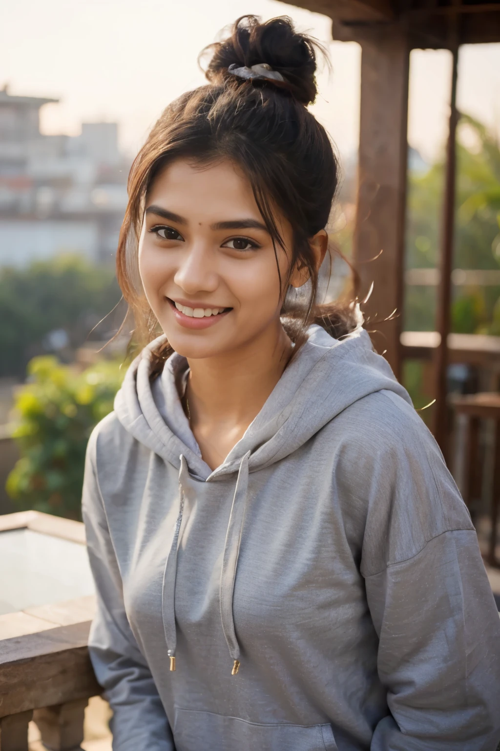 Beautiful ,23 years young Indian girl healthy, confidential looking,8k,realistic, raw photo,dark brown hair,fair skin, indian,long hair,clear facial features, wearing Grey hoodie, bun hairstyle, posing, Laughing, Indian home terrace