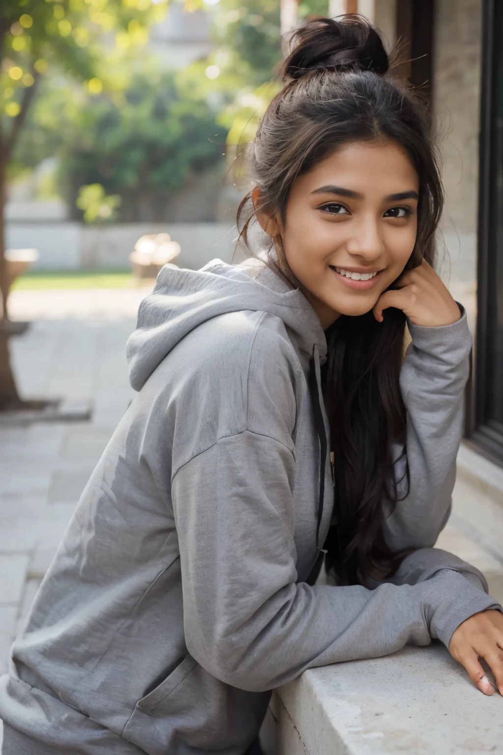 Beautiful ,23 years young Indian girl healthy, confidential looking,8k,realistic, raw photo,dark brown hair,fair skin, indian,long hair,clear facial features, wearing Grey hoodie, bun hairstyle, posing, Laughing, Indian home terrace