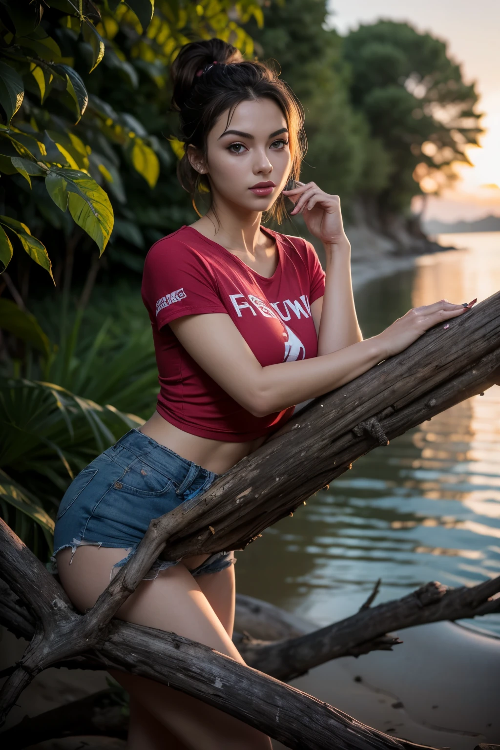 8k, high res, HQ, UHD, (photorealistic:1.4), masterpiece, hyper-realistic detailed photography of beautiful (italian young woman:1.4), (wearing t-shirt:1.4), 23 years old, (dynamic pose:1.3, leanning down, hide behind the fallen dry wood trunk), (wonderful skyview, beach, sunset), slim petite body, sweaty, look at me, big boobs, sexypose, sagging breast, detailed body feature, proportional perfect body, models posture, detailed perfect hand, good hand, clear bright skin, lustly look, seductive smile, symmetricaly face, perfect face feature, detailed flawless face, Intricate detailed grey blue eyes, detailed perfect lips, a bit opened mouth, detailed short red hair, ponytail style, perfect composition, dynamic lighting, graceful atmosphere, natural greeney colors, summer vibe, low angle shot, seen from side, photon mapping, volumetric lighting,