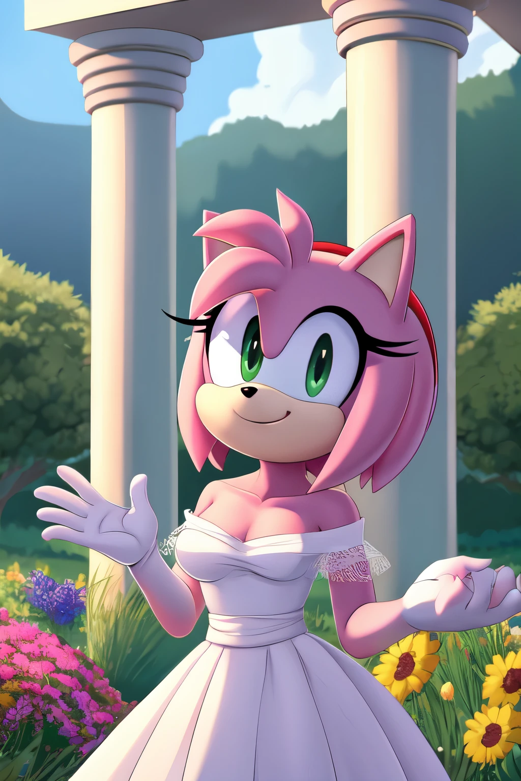 Amy Rose, Bare Shoulders, Strapless White Dress, White Lace Off-shoulder top, White Ruffle Off-the-Shoulder Top, White Maxi Dress, Bangs, Smile, Standing Up, Hands Down, Garden Background, Columns, Flowers, close-up, daylight, 2D flat, 2D illustration, cartoon style.