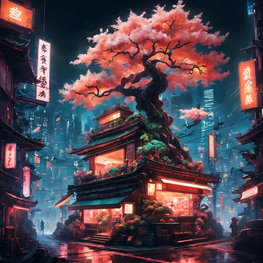 Objet: Action : arbre en fleur de cerisier: Context of mélange: Ville cyberpunk dans les airs Environnement: outdoor, in the ciel éclairage: neon light, Artiste brumeux: Style Hokusai: Medium Manga: Type of painting numerique: Scheme of colors of paysage: cake, Dynamique, dinamic lighting, vert, orange, infographie rouge: 3d, octane, cycles quality: High definition, 8K A cerisier en fleurs se fond élégamment in a ville cyberpunk futuriste floating in the sky. La scène est remplie de neon lights et de brume, creating a Dynamique and dynamic atmosphere. The oeuvre is inspired by the famous artist Hokusai and represents a fascinating figure in manga style represented by a cerise in flowers.