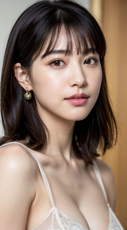 (8k, RAW photos, top quality, masterpiece: 1.2), ultra detailed, super resolution, (real, real photos: 1.37), portraits, high definition RAW color photos, professional photos, very detailed and beautiful, highly detailed, 8k wallpapers, amazing details, huge file size, official art, highly detailed CG Unity 8k wallpapers, highly detailed beautiful girls, highly detailed facesHighly detailed eyes, highly detailed skin, highly detailed fingers, Highly detailed nose, Highly detailed mouth, Perfect anatomy, detailed background, (Gorgeous dress, no bra, Academy Award), detailed clothes, 1 girl, (20:1.2), 20s, cute girl, realistic body, petite, white skin, radiant skin, slim body, handsome body, black hair, short hair, (dull bangs: 1.2), Smile, Cute, Youthful, Cute Face, Realistic Face, Delicate Eyes, Saggy Eyes, Earrings, Camera Gaze, Front Face, Standing Posture, Contrappost, Dynamic Lighting, Super Big