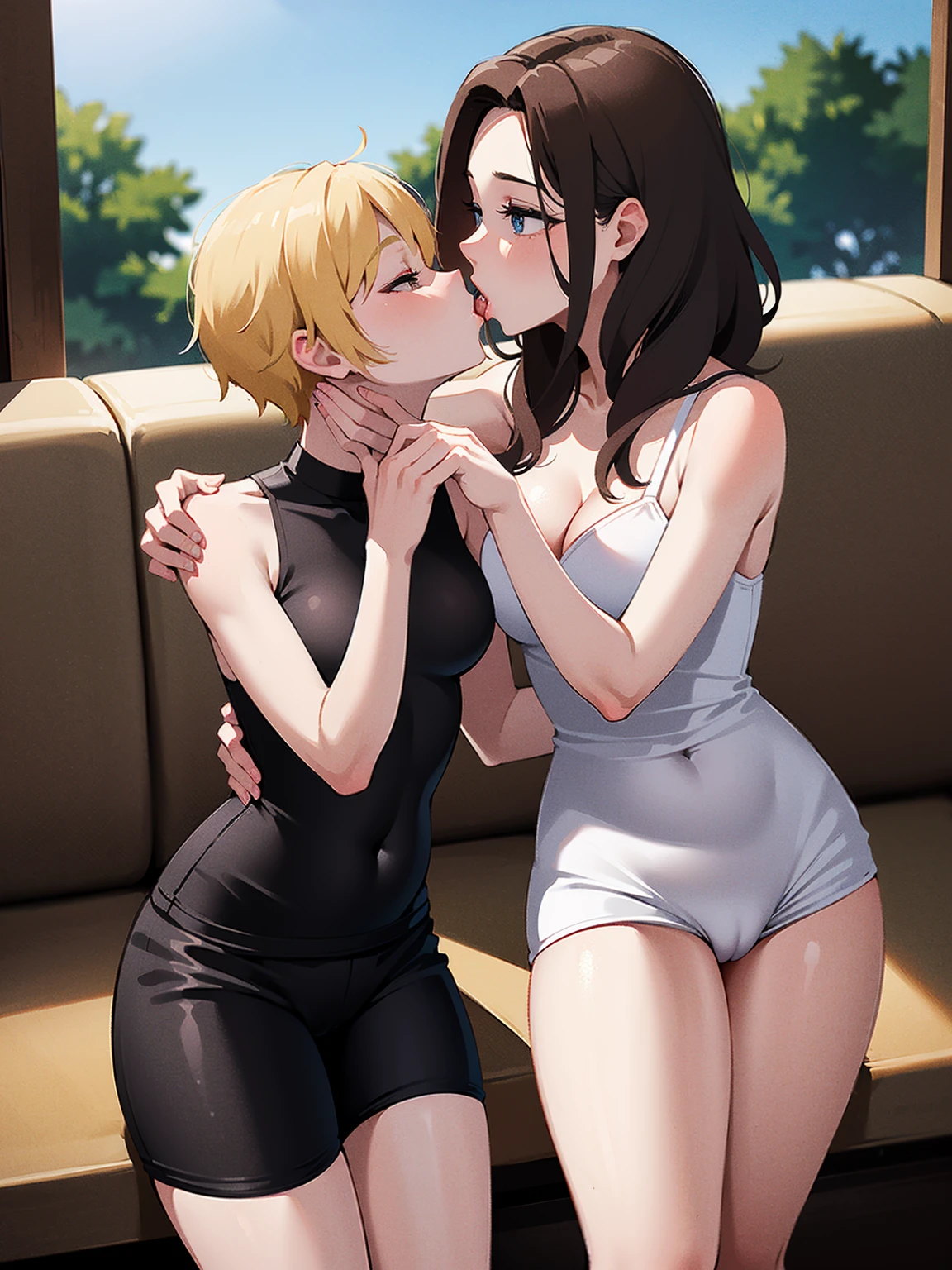 ((ung son)), (1mom), (duo), sitting, A mom seducing her young son, European 40 year old milfs with their young son with blonde and brown hair, best quality:1.4), (ultra highres:1.2), (8k, RAW photo:1.2), laurenalexis, (1mom, 1son), the mom is showing off their curves, bending over seductively, wearing sexy outfits and short shorts, with their young son, clear eyes, a mom and her young son, ((french kiss)), (small penis)