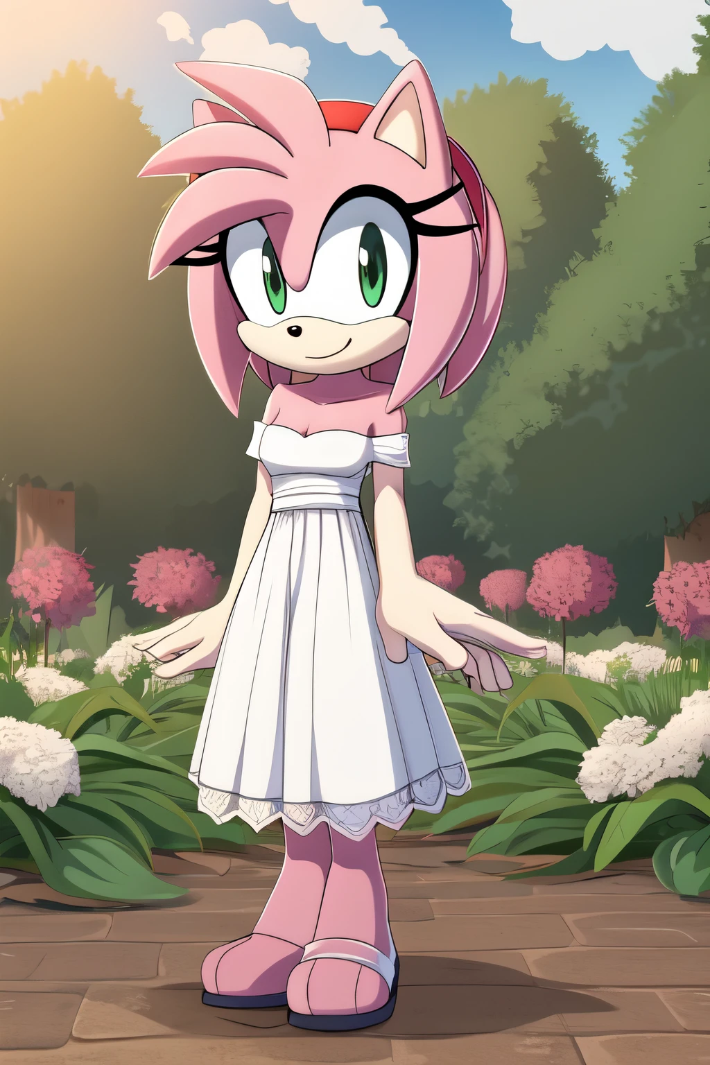 Amy Rose, Bare Shoulders, Strapless White Dress, White Lace Off-shoulder top, White Ruffle Off-the-Shoulder Top, White Maxi Dress, Bangs, Smile, Standing Up, Hands Down, Garden Background, Columns, Flowers, close-up, daylight, 2D flat, 2D illustration, cartoon style.