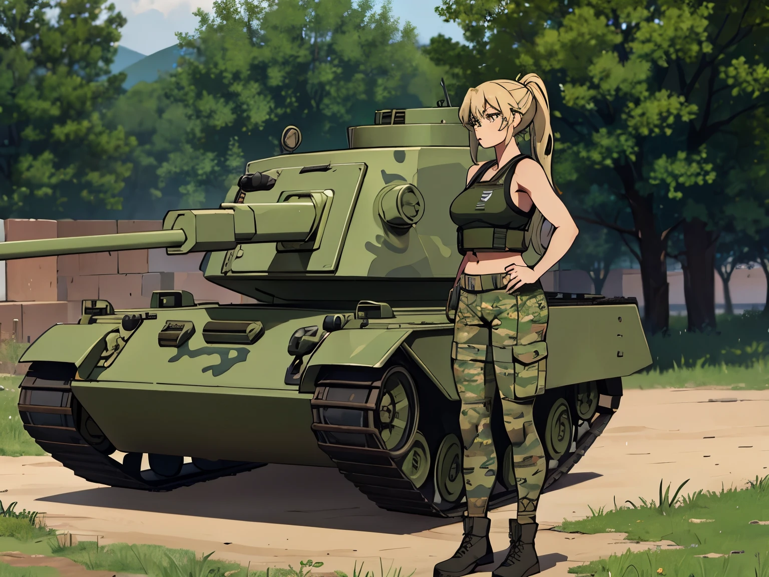 A girl with a ponytail standing next to a tank, big tank, camouflage tank