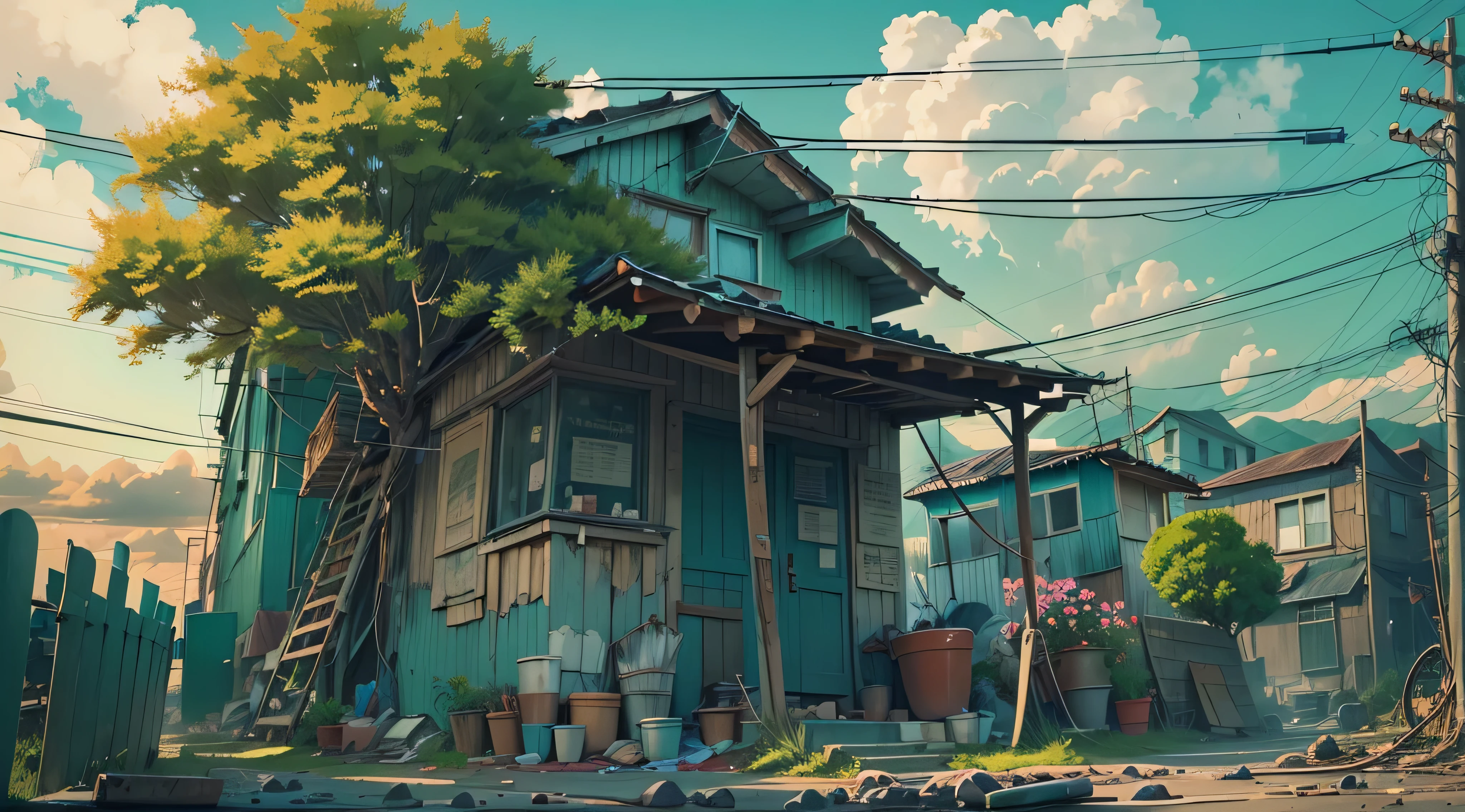 very cozy little place，hyper realisitc，（Makoto Shinkai anime：0.4），dilapidated houses on city street，home wiring，allure，sky sky，cloud，During the day，scenecy，that tree，blue-sky，buliding，The flag，electrical wires，railing，Wide shoe electric wire rod，城市, wastelands, fresh flowers, Dishes are in a mess