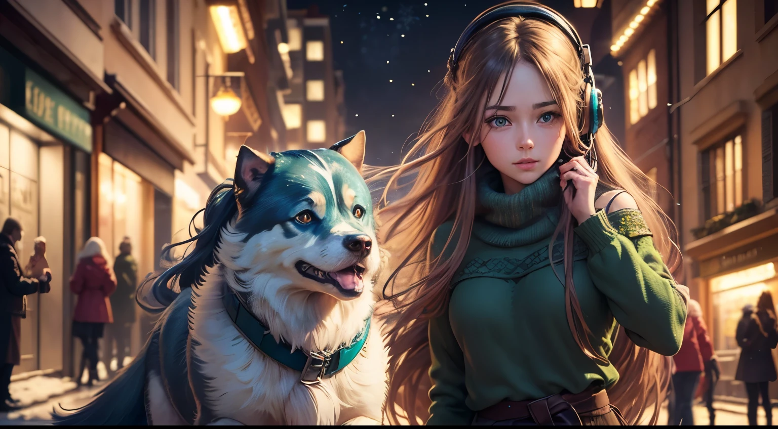 best quality, realistic, HDR, (anime:1.1), ultra-detailed, cute adorable girl, (blue-green eyes, detailed eyes), (long hair:1.1, flowing hair), (holding a dog:1.2), (listening to music:1.1), (on New Year's Eve:1.1), (street:1.1), (festive atmosphere), vibrant colors, dynamic lighting