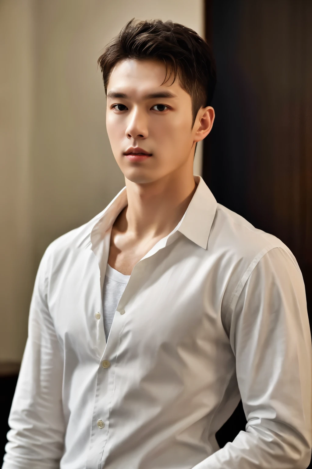 1man、A 25-year-old muscular man、Long sleeved white shirt and tie、Bodice、Soft lighting、masterpiece、top-quality、8K Ultra HD、dslr camera、film grains、Midjourney、Wearing Greg Rutkowski's Fujifilm XT3 Realistic Painting Art,Hyun Bin