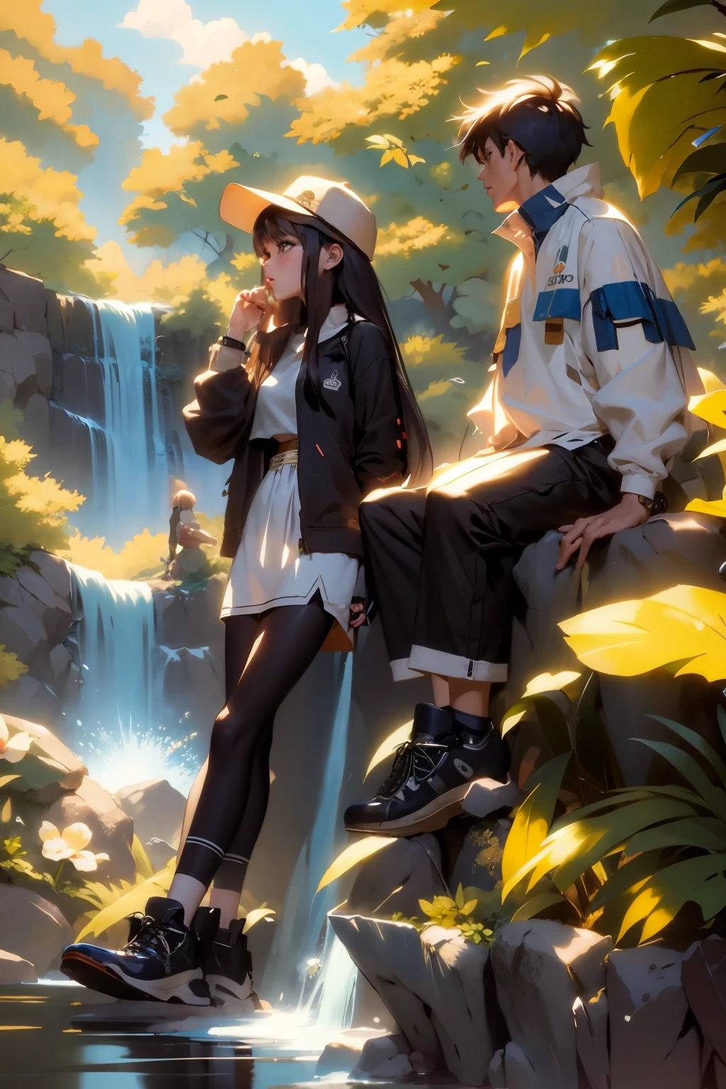 anime couple sitting on rock near waterfall with plants and water, anime style 4 k, anime style. 8k, anime style illustration, high quality anime artstyle, artwork in the style of guweiz, anime lush john 8k woods, anime art wallpaper 8 k, lofi artstyle, loish and ross tran, atey ghailan 8 k