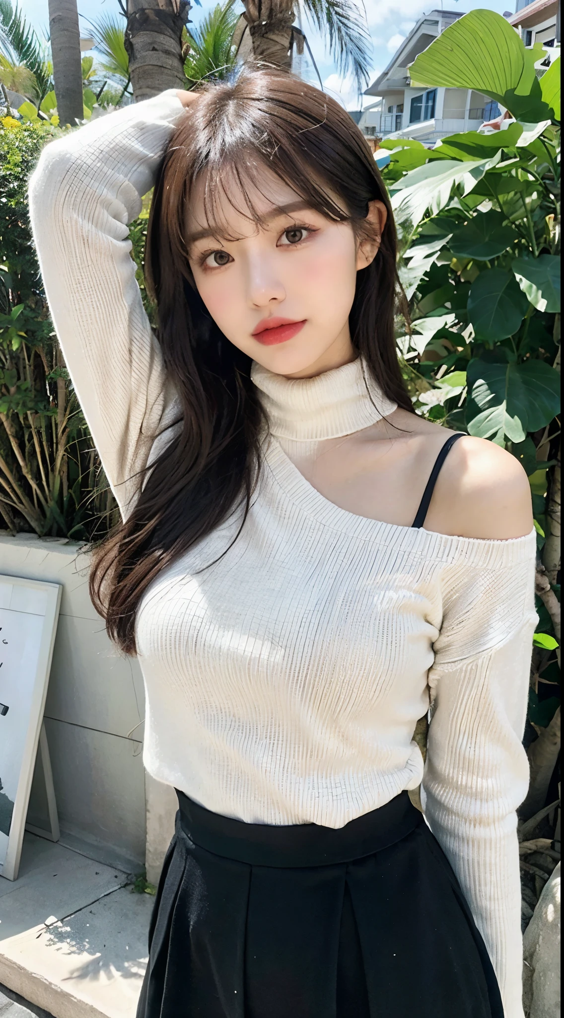 Half a body，Beutiful women，(fleece thickened turtleneck sweater，mitts)，pleatedskirt，Place your hands behind your back，Avoid direct display of palms and fingers，Place your hands behind your head，(of shoulders,one shoulder) big breasts enchanting，ellegance，ssmile，natural makeup，长发在sandbeach上飘逸：sandbeach，angry silas，recife，coconut palms，sea shell，seagull sunshine：golden rays of sunlight，Light shines through the clouds，Shine on the face，Front light source，light and shadow effect，reverse john&#39;glarelight，Cool colors are real：High definition details，a breath of life，skin texture，Natural expression，No filter effect，Environment fusion morning light，at noon，winter weather，sea breezes，resort atmosphere，unwind，lace decorations、Patterned、Pink、Tulle material、tight-fitting、backlessoutfit、