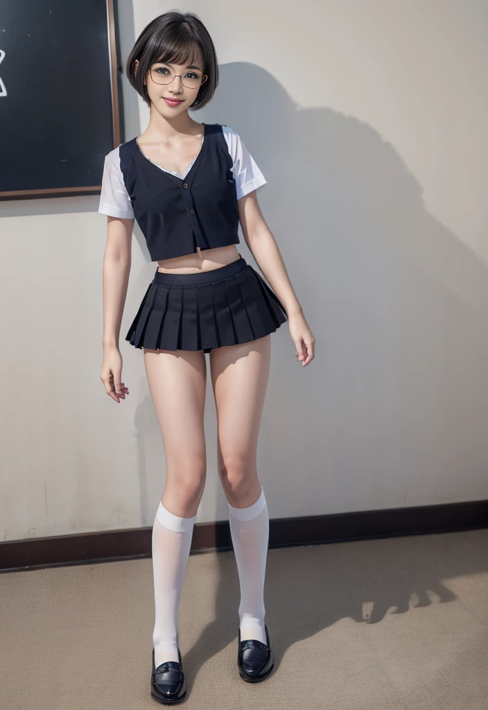 8k,cinematic lighting,top-quality,Top image quality,masterpiece,best quality,depth of field,ultra-detailed,from below,Standing,(mideum shot),(full body shot),1girl,Japanese,22 years old,(Gyaru:1.2),(Black hair,very short messy bobcut:1.2),(Oval light brown cell frame glasses:1.2),detailed brown eyes,(slender body:0.7),((flat chest:1.5)),slightly large hip,(tanned skin), school stairs, JP SCHOOL UNIFORM,22 years old,face,(navy skirt),,looking at viewer,navy highsocks,white panty,smiling,windy,wind_lift,upskirt
,