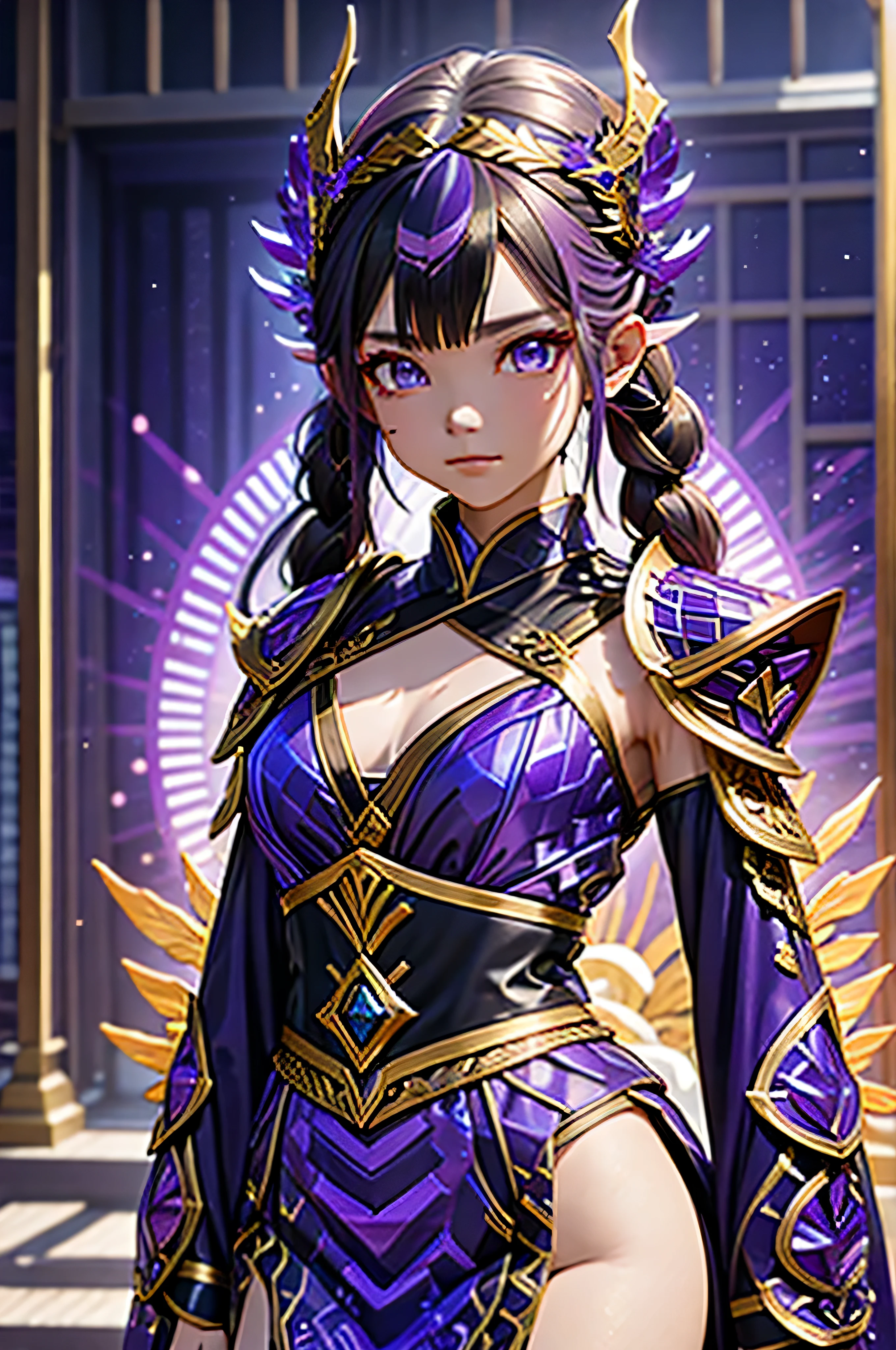 A beautiful purple thunder dragon goddess. Girl like keqing and raiden shogun from genshin impact game, she has beautiful purple colored dual tone shinny silky smooth hair with twin tail hair design. She has a headpiece made from gold with purple and blue gems embedded.she is wearing a chinese dress known as qipao colored white and purple with black outlines and gold patterns. The chest is covered with chest armor with porcelain texture colored white with gold accents and purple gems