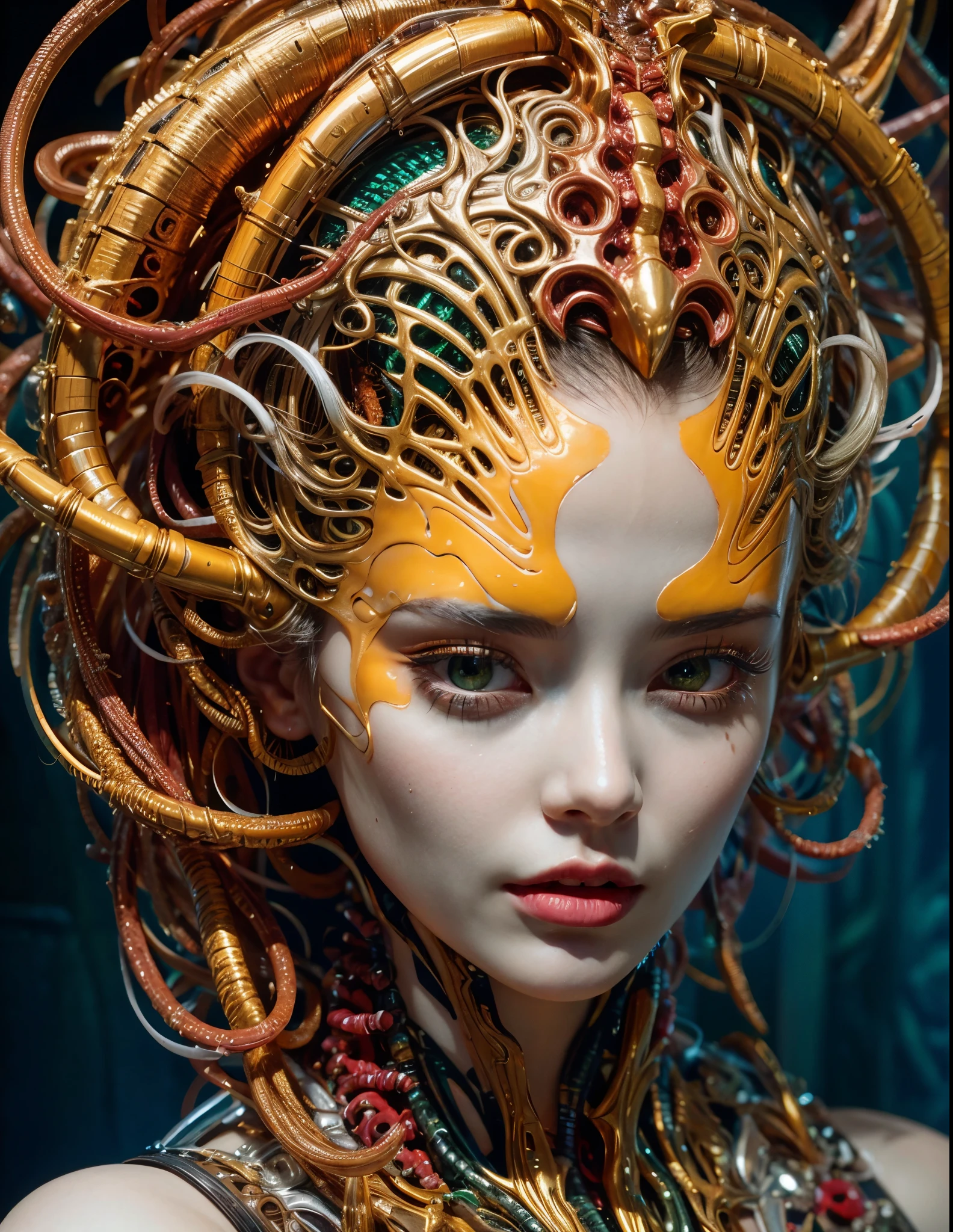 Close-up of a woman with a very complicated head.., Beautiful female gorgon, Cyberpunk Medusa, goddesses. very high details, Portrait of the Cyborg Queen, motion picture, Portrait of a scorpion, golden eyes, h. R. Gigger, intricate detailed, very high details, photo-hyper-realistic, 10, UhD, hyperdetailed, (Dynamic Poses:1.4),