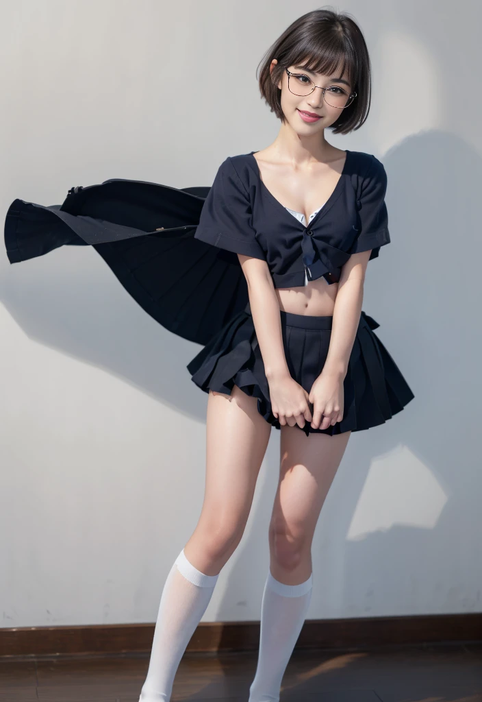 8k,cinematic lighting,top-quality,Top image quality,masterpiece,best quality,depth of field,ultra-detailed,from below,Standing,(mideum shot),(full body shot),1girl,Japanese,22 years old,(Gyaru:1.2),(Black hair,very short messy bobcut:1.2),(Oval light brown cell frame glasses:1.2),detailed brown eyes,(slender body:0.7),((flat chest:1.5)),slightly large hip,(tanned skin), school stairs, JP SCHOOL UNIFORM,22 years old,face,(navy skirt),,looking at viewer,navy highsocks,white panty,smiling,windy,wind_lift,upskirt
,