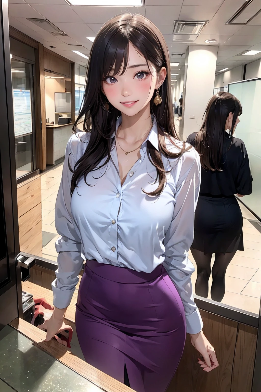 (masterpiece:1.3), high resolution, ultra detailed, extremely detailed CG unity 8k wallpaper, realistic, photo-realistic, RAW photo, beautiful detailed face, pale skin, realistic glistening skin, detailed cloth texture, detailed hair texture, Perfect body, Beautiful Face, accurate, Anatomically correct, Highly detailed face and skin texture, natural neck length, (beautiful handair skin:1.2), Thin legs, Thin feet, BREAK, Detailed eyes, symmetric eyes, Light Brown eyes, Double eyelids, Thin eyebrows, (Glossy lips:1.4), ((gently smile, waiting for kiss:1.2)), (blush:1.1), BREAK, (A Classy and Cute girl:1.3), (wearing a classy Light Purple Button shirt:1.2), (Wearing a long pencil skirt:1.2), close the button, medium large breasts, (slender figure:1.1), firm abs, beautiful clavicle, (Dark blonde hair, wavy hair, long hair:1.2), ((asymmetrical bangs:1.2)), BREAK, ((Standing inside the reception desk, leaning forward:1.1)), (at the modern office building of Japan:1.2), (face close up:1.2), looking at viewer, from front,