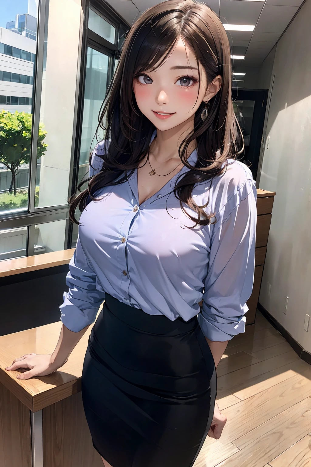 (masterpiece:1.3), high resolution, ultra detailed, extremely detailed CG unity 8k wallpaper, realistic, photo-realistic, RAW photo, beautiful detailed face, pale skin, realistic glistening skin, detailed cloth texture, detailed hair texture, Perfect body, Beautiful Face, accurate, Anatomically correct, Highly detailed face and skin texture, natural neck length, (beautiful hands), (fair skin:1.2), Thin legs, Thin feet,
BREAK,
Detailed eyes, symmetric eyes, Light Brown eyes, Double eyelids, Thin eyebrows, (Glossy lips:1.4), ((gently smile:1.2)), (blush:1.1),
BREAK,
(A Classy and Cute girl:1.3), (wearing a classy Light Purple Button shirt:1.2), (Wearing a long pencil skirt:1.2), close the button,
medium large breasts, (slender figure:1.1), firm abs, beautiful clavicle,
(Dark blonde hair, wavy hair, long hair:1.2), ((asymmetrical bangs:1.2)),
BREAK,
((Standing inside the reception desk:1.1)), (at the modern office building of Japan:1.2), (Cowboy shot:1.2), looking at viewer, from front,