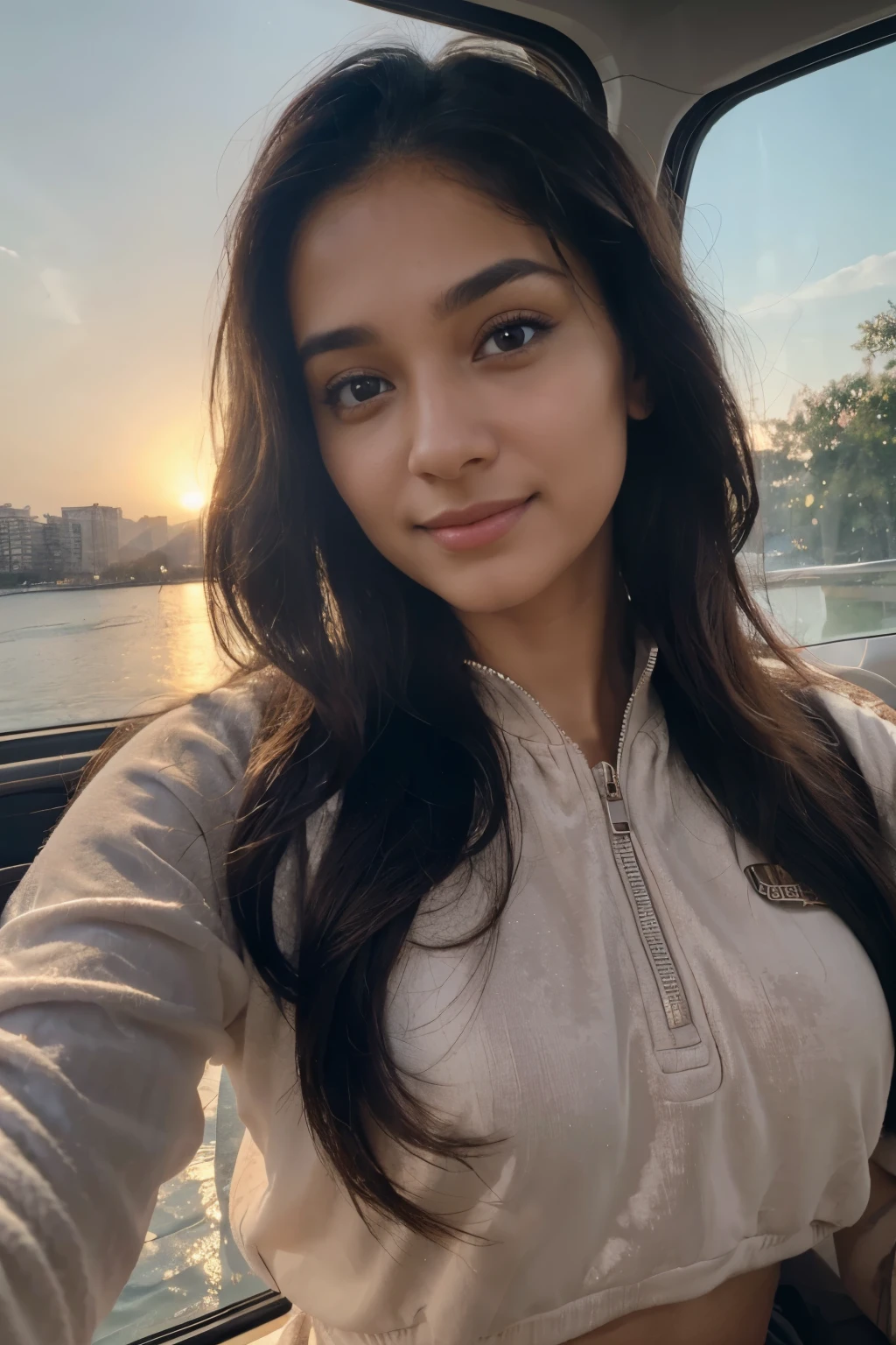 Beautiful ,23 years young girl healthy,confident looking,8k,realistic,dark brown hair,fair skin, indian,long hair,clear facial features, wearing Velour jogger set, raising glass|Hopeful smile selfie|Lakeview sunrise