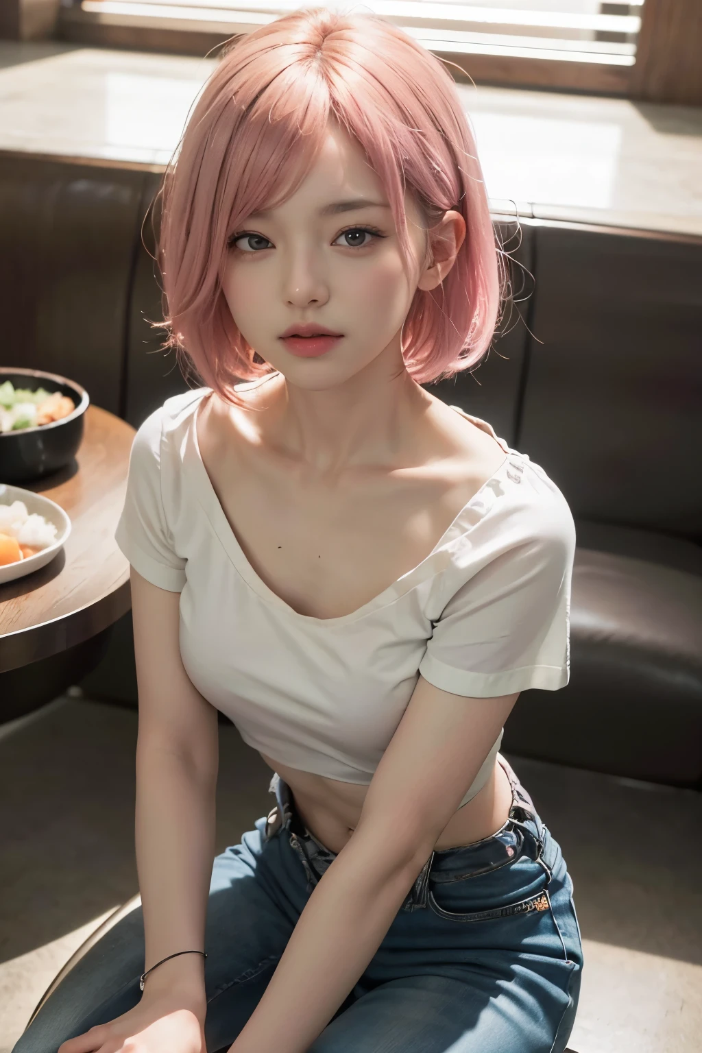 (8K, top-quality, masterpiece:1,2), (reallistic, Photorealsitic:1.37), Super Detail, One girl,), (Highly detailed), (beautifully detailed eyes), (of the highest quality), (super detailed ), (masterpiece), (Detailed face),20yr old, ,1 girl, full body, pink hair,Very short hair, medium breasts, clothed, Perfect Lighting, White White T-shirt, ((conveyor belt sushi, grabbing sushi to eat, table seat, from the side))