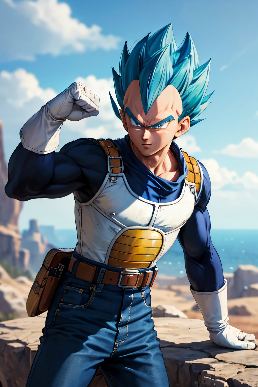 (masterpiece, best quality: 1.2), cowboy shot, solo, male focus, 1boy, vegeta, serious, looking at the viewer, spiked blue hair, green eyes, armor, white gloves, martial arts