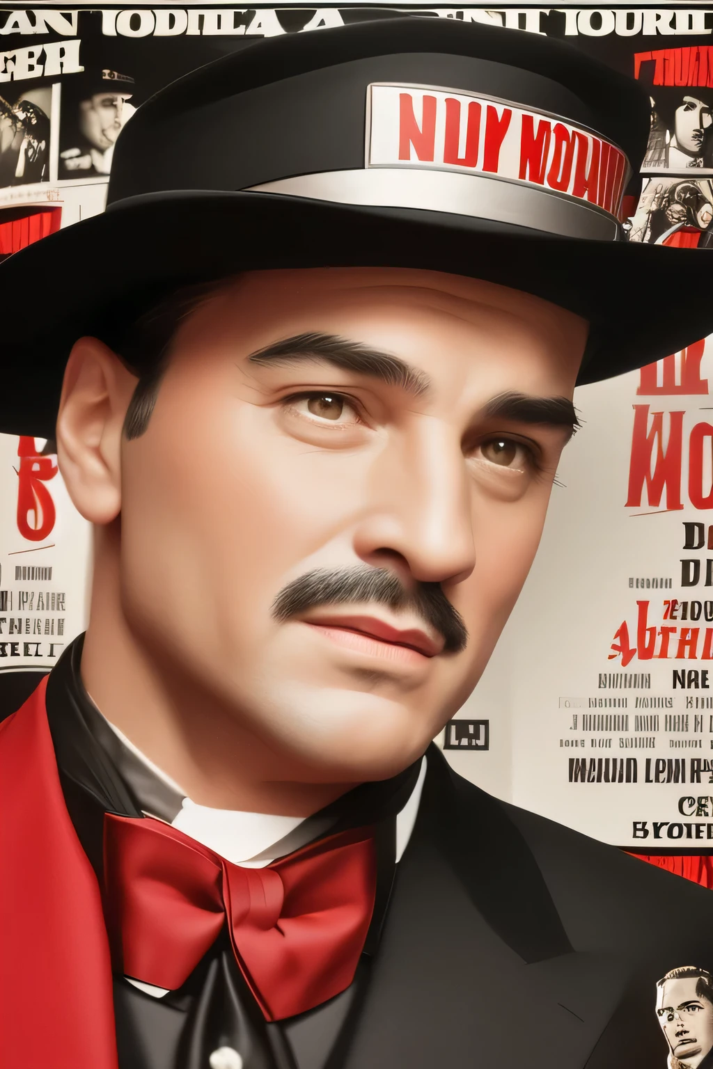 a close up of a collage of movie posters with a man in a hat, a photo inspired by Paul Kane, shutterstock, dada, godfather, the godfather, marlon brando as the godfather, scene from the movie godfather, bank robbery movies, iconic film character, movie posters, quentin tarantino movie posters, tarantino movie posters, noir film world character design, movie art