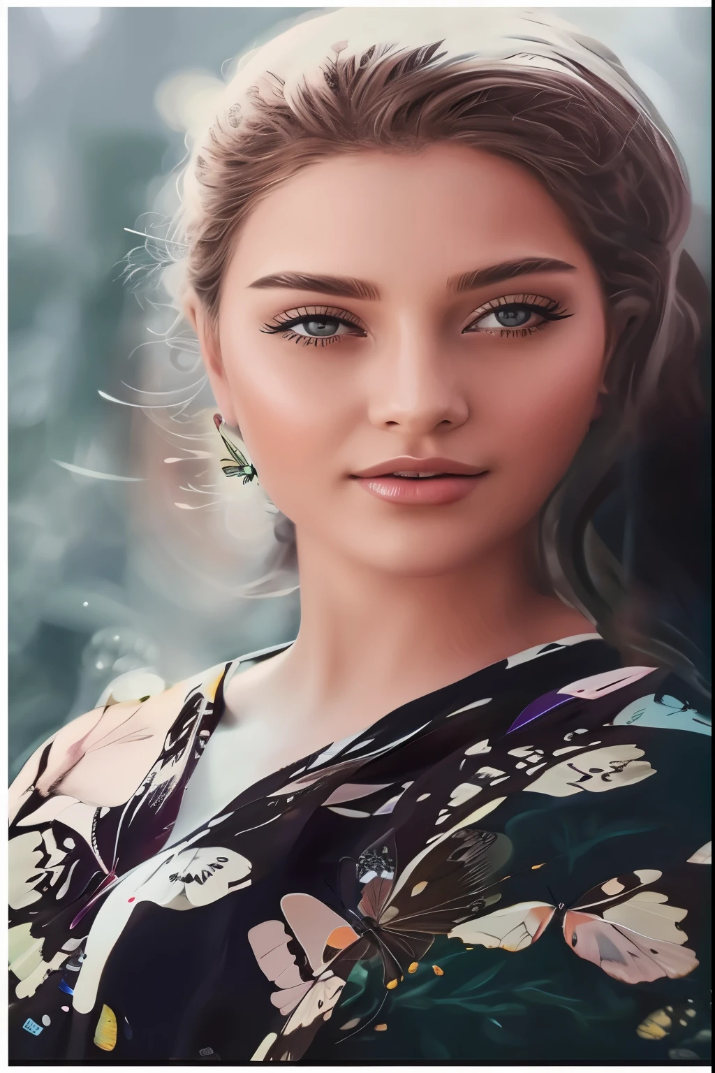 a close up of a woman with a butterfly print on her dress, realistic digital painting, realistic digital art, very realistic digital art, hyperrealistic digital painting, highly realistic digital art, hyper realistic digital painting, ultra realistic digital painting, realistic painting, photorealistic digital painting, hyperrealistic digital art, in style of digital painting, very realistic painting effect