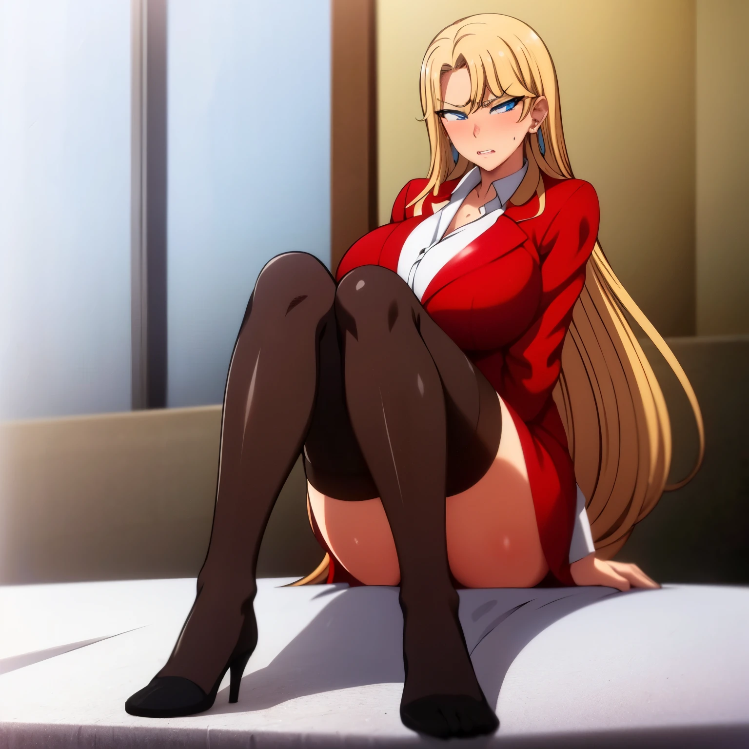 ((solo, 1 female)), mature female, masterpiece, best quality, (huge breast), long hair, yellow hair, blue eyes, blush, full body, indoors, White shirt in red jacket, serious, angri face:0.8, sitting on bed, Black Stockings