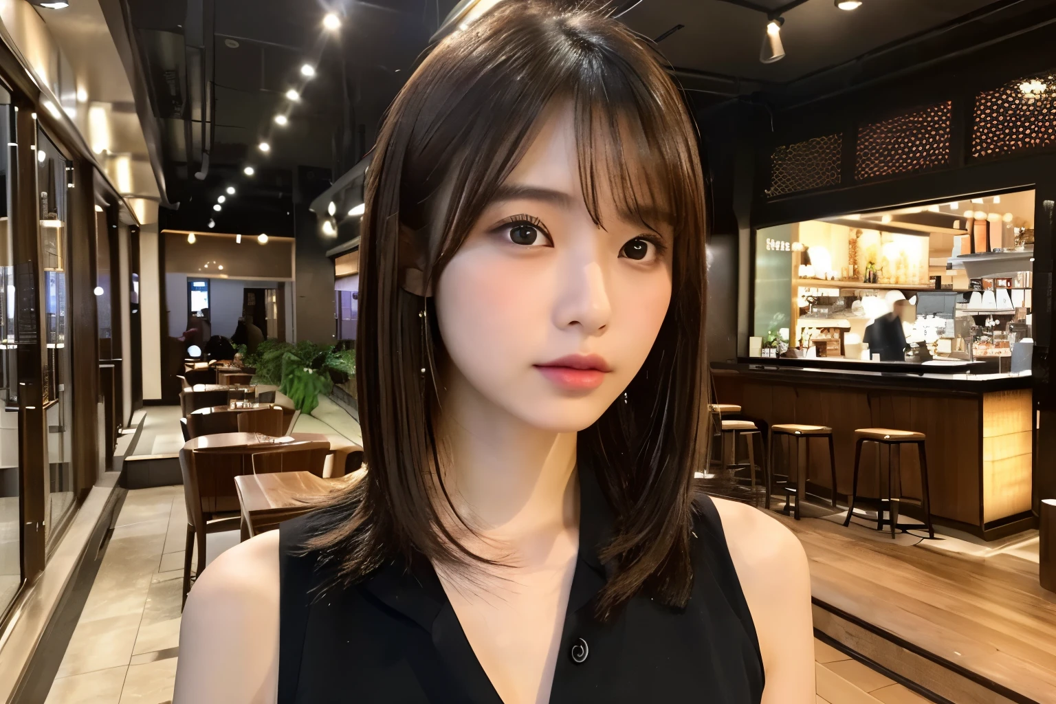 (The ultra -The high-definition:1.5)(ultra-detailliert:1.3) (ultra-quality) (An ultra-high picture quality:1.5) (rialistic photo:1.3) A Japanese Lady 21years old ((detailed and beautiful faces:1.3)) realistic skin textures ((Detailed and high quality eyes:1.3)) ((Detailed and high quality ears)) ((Beautiful, very fair and transparent skin:1.3)) ((Beautifully groomed straight short bob hair))Complete body beautiful proportion (Thin sleeveless shirt in fabric) long gathered skirt The background is the inside of a cafe at dusk. Beautiful, luxurious and stylish store ((Viewer's Perspective:1.3))Wet lips ajar huge tit