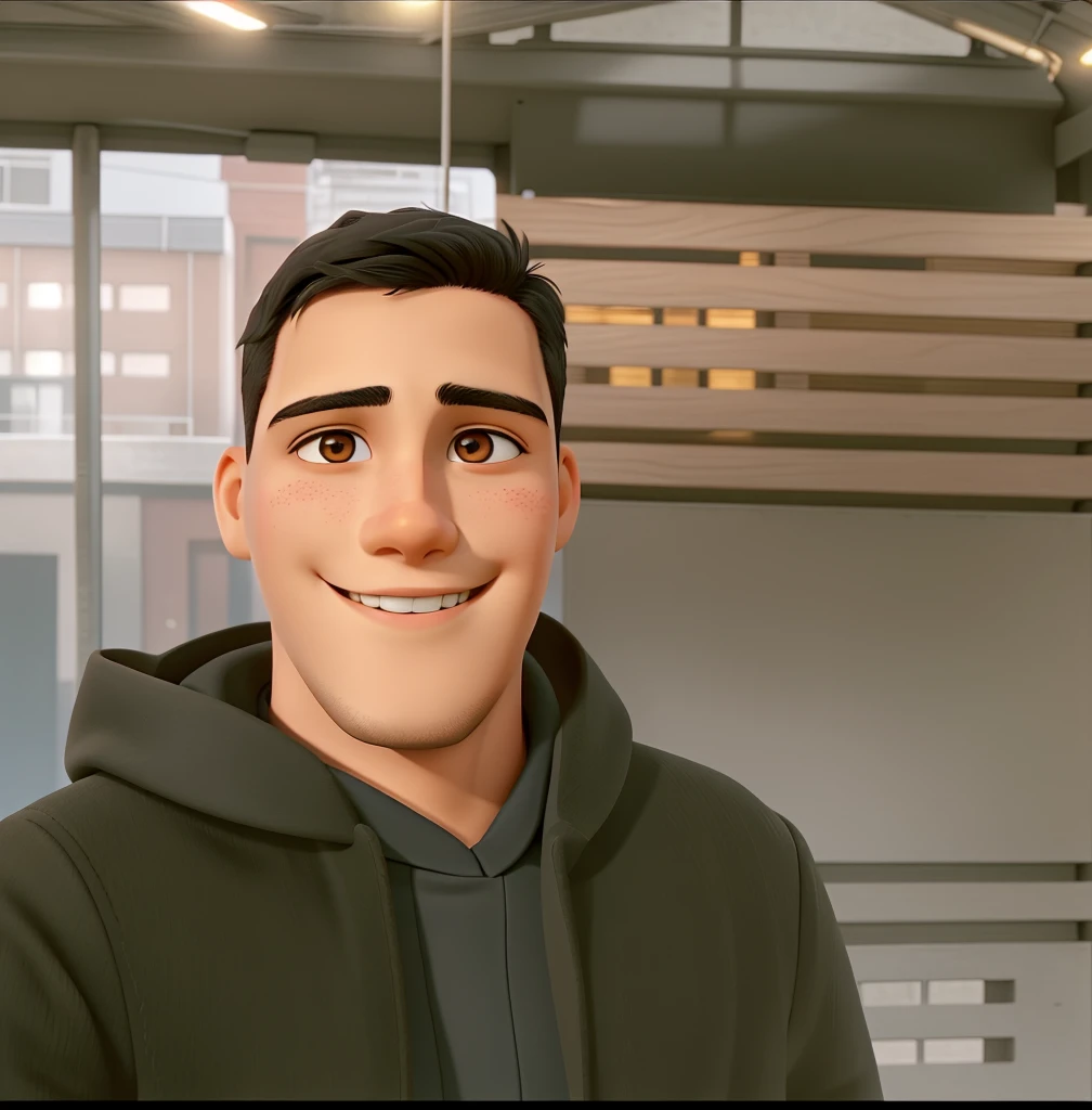 young man short black hair and brown eyes smiling using a coat
