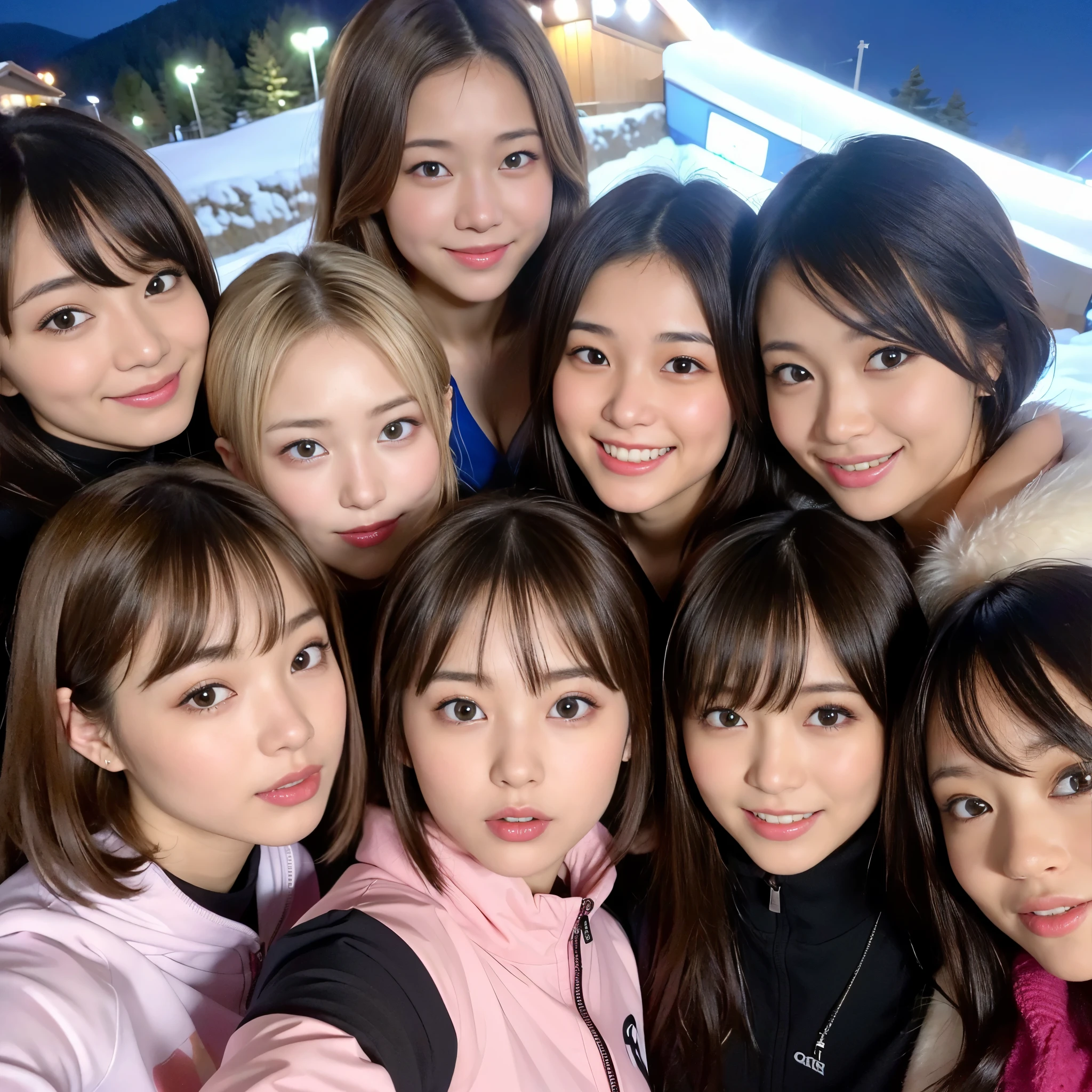 Best-quality, Masterpiece, Ultra-High-Resolution, (Photorealistic:1.4), Raw-Photo, 

((Four members of the most popular Japanese idol group are having a lot of fun in ski resort at midnight.))
((one of them has pink short-cut-haired and the most sexy face like a most famous Japanese pin-up model. detailed pink short-cut-haired, detailed sexy face):1.1), 
((one of them has blonde hair and the most beautiful face like a most popular Japanese actress. detailed blonde hair, detailed beautiful face):1.1), 
((one of them has black hair and the most cute face like a most popular Japanese idol. detailed black hair, detailed cute face):1.1), 
((one of them has brown hair and the most pretty face like a most famous Japanese idol. detailed brown hair, detailed pretty face):1.1), 
 
They are All wearing ski wear with cute designs. ((They All have extremely beautiful big black solid circle eyes.)) They all have dynamic poses. They all have beautiful smiles.