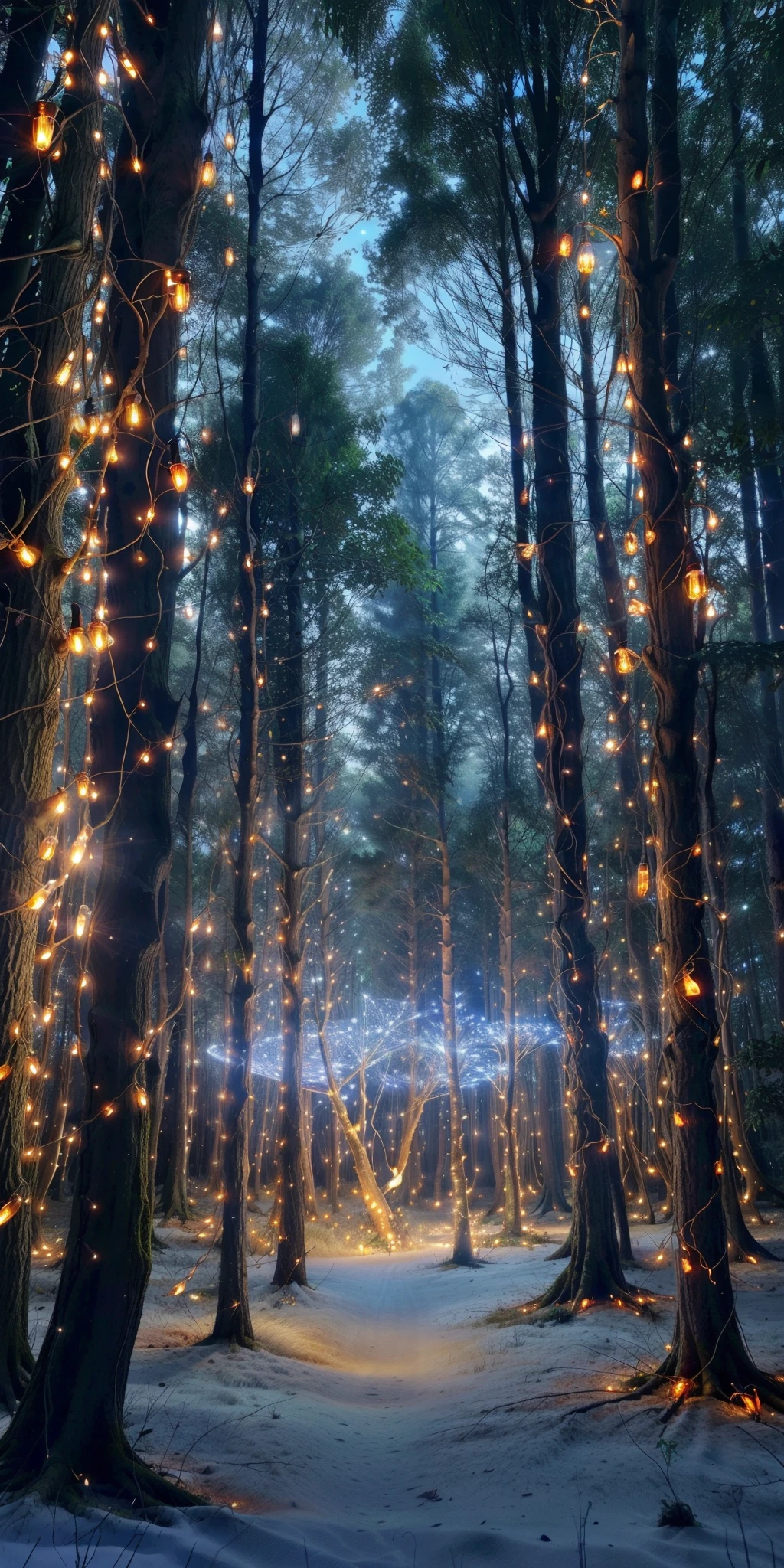 a close up of a forest with lots of lights on it, magical forest backround, magical lights, magical forest in the background, very magical and dreamy, fairy lights, ethereal lights, magical forest with fireflies, magical forest, glowing forest, magical lighting, breathtaking lights shining, firefly lights, in a magical forest, luminism woods, intricate sparkling atmosphere