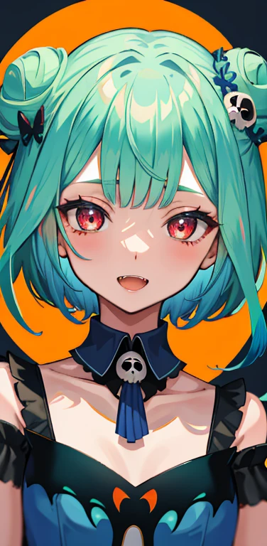 masterpiece, high quality, highres, absurdres, ultra-detailed, detailed eyes, 8k, ti-emb_kobo-kanaeru, 1girl, colorful eyes, fangs, open mouth, bangs, colorful background, looking at viewer, vibrant, contrast, gradient hair, happy, graffiti wall background, water splash, close up, 2d, masterpiece, best quality, anime, highly detailed face, highly detailed eyes, highly detailed background, perfect lighting, 1girl, solo, rushia_blue, green hair, short hair, double bun, blue dress, short dress, butterfly, skull hair ornament, smile, graveyard