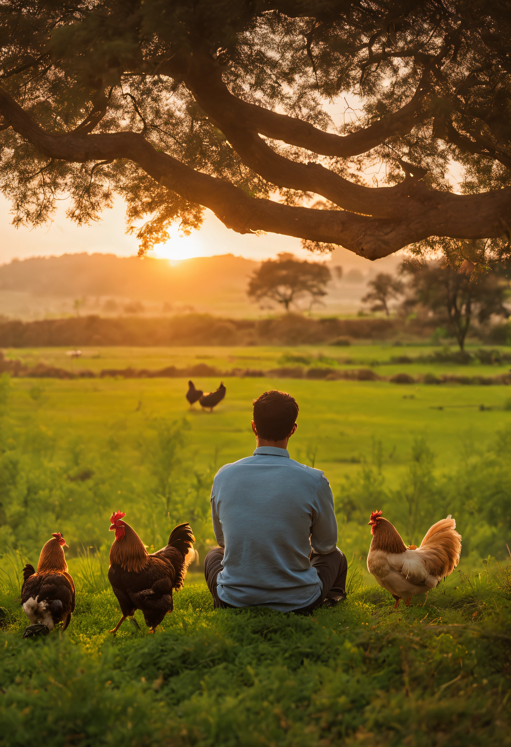 man is sitting with his back in a green field during sunset. Highlight two nearby chickens, emphasizing serenity and peaceful connection between man, a natureza e os animais. imagem em preto e branco