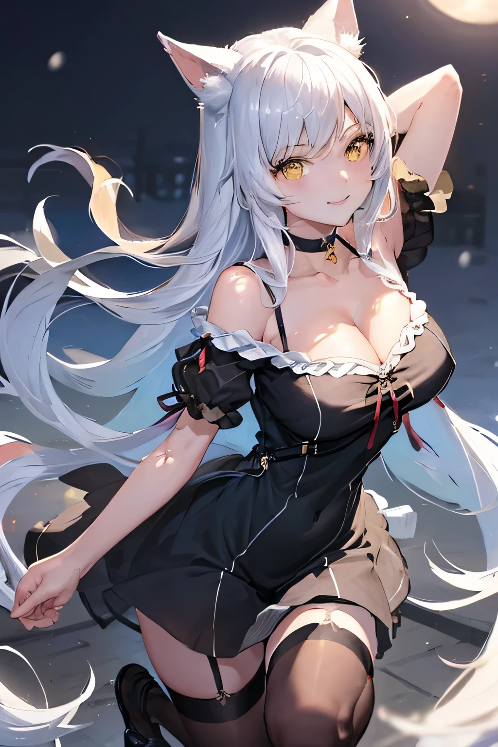 ((Marl、Horse ear headband、fake horse ears)）、（lightly dressed、cleavage of the breast、fully body photo、Beautiful legs)、((Silver hair color、Yellow Colorcon、Snow-white skin、natta、murky、Black Dress、Sexy dresses、nightcity、Ruins、Underworld、A portrait of a beautiful woman based on a painting by Isin Nishio、terraces、月のnatta,full moon in background、see through dress、a choker、Flowing in the wind、 Smile、Black panties))、1girl in、​master piece、japanaese girl、absurderes、hight resolution、ultra-detailliert、depth of fields、​masterpiece、extremely details CG、3D Photography、3D background、Unity、8K、Hi-Res、top-quality、shadowy、foco nítido、pale-skinned、A detailed eye、blurry backround、dynamic ungle、The most amazing super feat exaggeration、a closed mouth、Look at viewers、deadpan、superclear