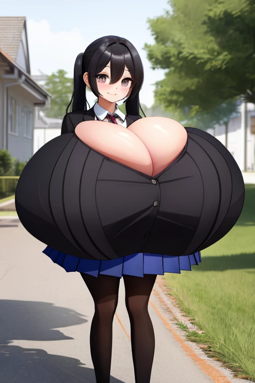 masterpiece, best quality, highres, 1girl, bbkurumi, long hair, hair over one eye, low twintails, school uniform, black jacket, pleated skirt, blue skirt, black pantyhose, standing, outdoors, cowboy shot, smile, (large breasts:1.6), (long legs:1.3)