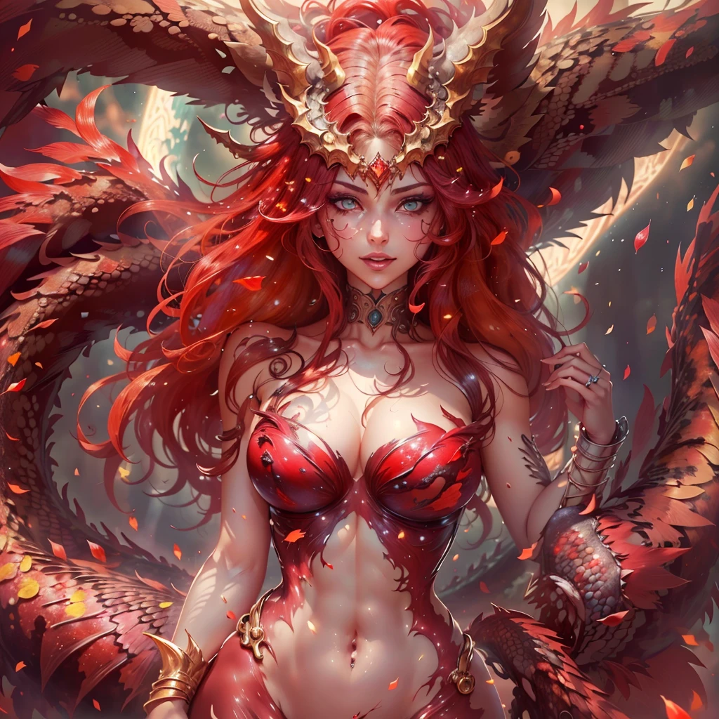 (best quality,4k,8k,highres,masterpiece:1.2), ultra-detailed, realistic, naked sexy dragon woman with ruby red glittering scales covering her body, long fiery red hair, very playful but mischievous smile, naked, nude, detailed crotch, detailed vulva, detailed pussy, sexy pose, spread legs, spread pussy lips, playful, bi-coloured eyes, heterochromia, lustful