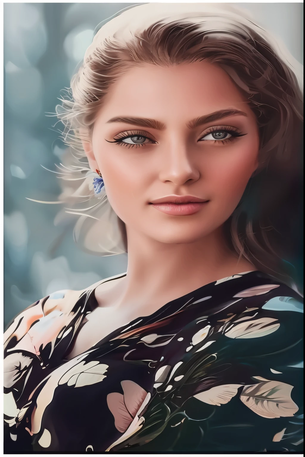 a close up of a woman with a butterfly print on her dress, realistic digital painting, realistic digital art, very realistic digital art, hyperrealistic digital painting, highly realistic digital art, hyper realistic digital painting, ultra realistic digital painting, realistic painting, photorealistic digital painting, hyperrealistic digital art, in style of digital painting, very realistic painting effect