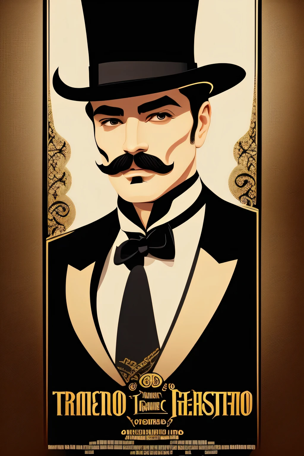 there is a man with a mustache and a top hat, vector art inspired by Cristache Gheorghiu, tumblr, art nouveau, martin ansin artwork portrait, biopic, movie poster character, anton, handsome man, alejandro, django, quentin tarantino movie posters, edward, 1 9 2 0 s film actor, mario, burt reynolds, movie art